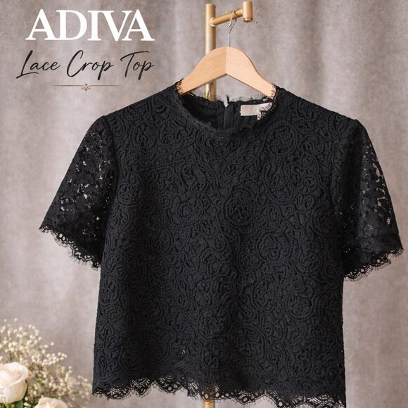Adiva Tops - Adiva Black Lace Top XL Scalloped Hem Floral Lace Short Sleeve Blouse
